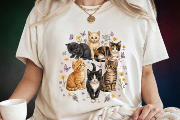 Vintage 90s Cats Floral PNG Retro Pet: A Designer's Asset